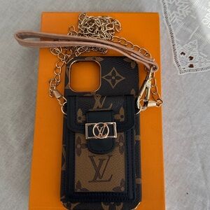 LV Monogram iPhone 13 Wallet Case Removable Chain & Wristlet Crossbody wearable